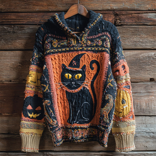 Halloween Witch Cat Lady Chunky Knit Hooded Sweater artswardrobe