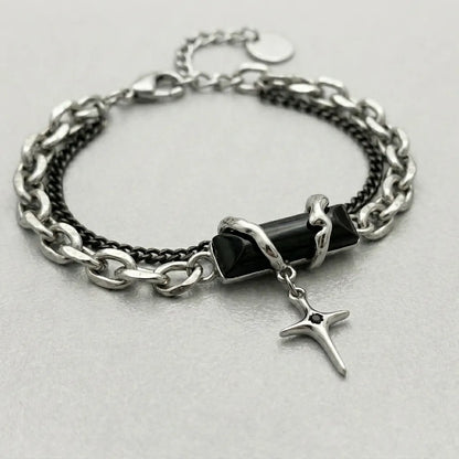Obsidian Shard Star Charm Dual-Chain Bracelet