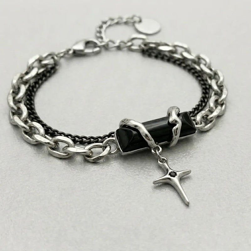 Obsidian Shard Star Charm Dual-Chain Bracelet