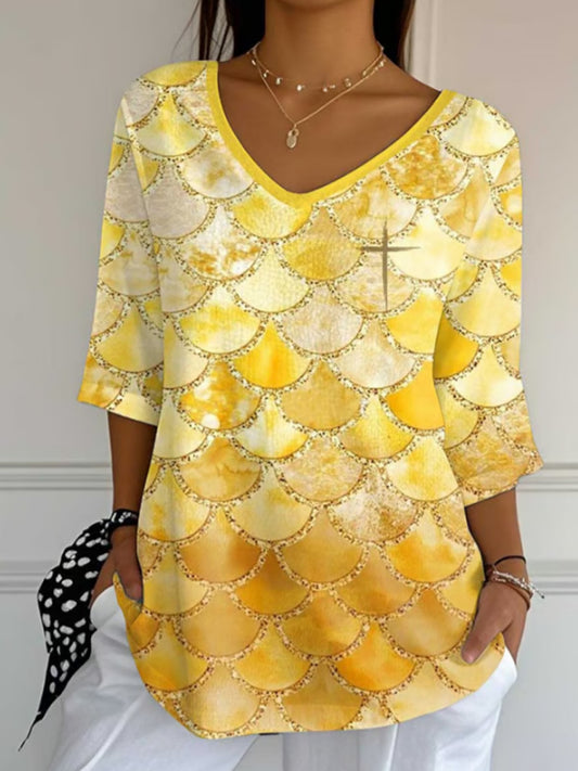 Women's Yellow Gradient V-neck Printed Long Top artswardrobe