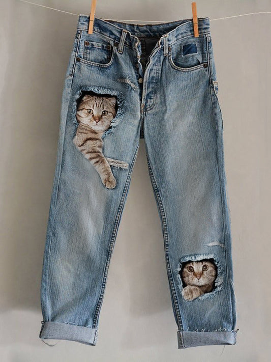 Lovely Cats Frayed Crack Washed Jeans elevenforest