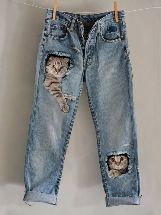 Comstylish Lovely Cats Frayed Crack Washed Jeans