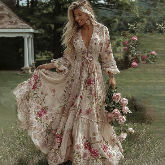 Women's Vintage Rose Floral Embroidery Art Casual V Neck Maxi Dress artswardrobe