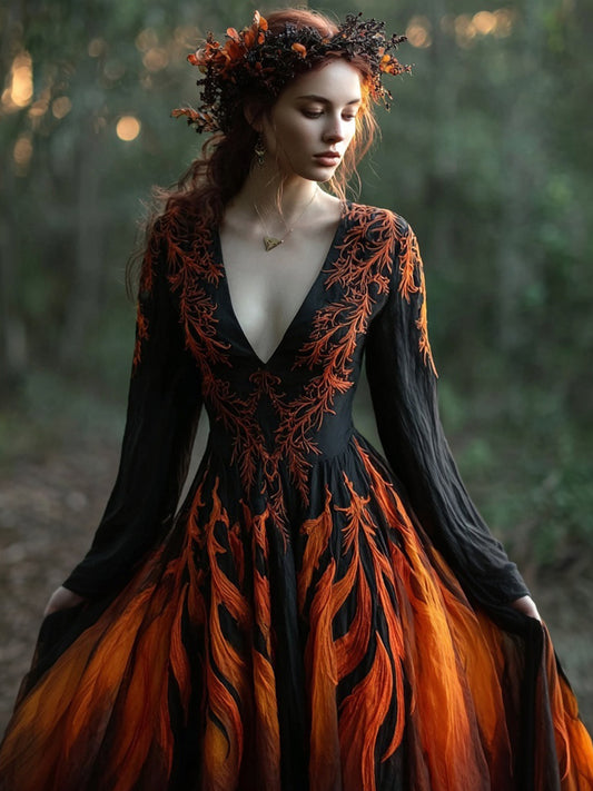 Comstylish Vintage Flame Inspired Cozy Flowy Linen Maxi Dress