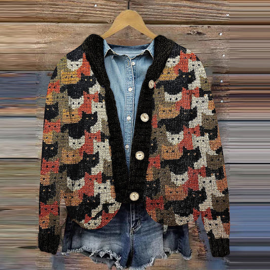 Vintage Love And Cute Cats Worlds Print Casual Knitted Cardigan elevenforest