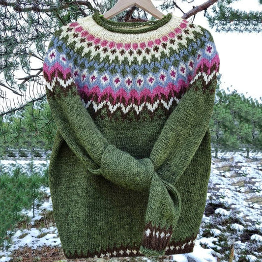 Vintage Icelandic Green Knit Jacquard Warmth Crew Neck Sweater（Unisex） elevenforest
