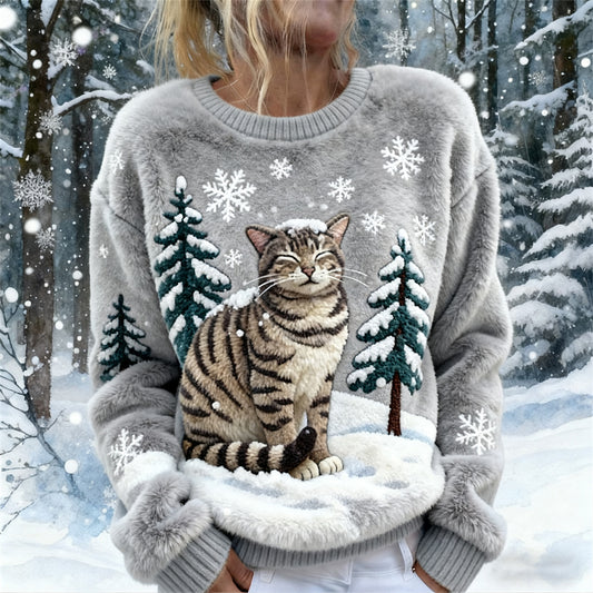 Comstylish Winter Snowflake & Cat Women's Flannel Sweatshirt
