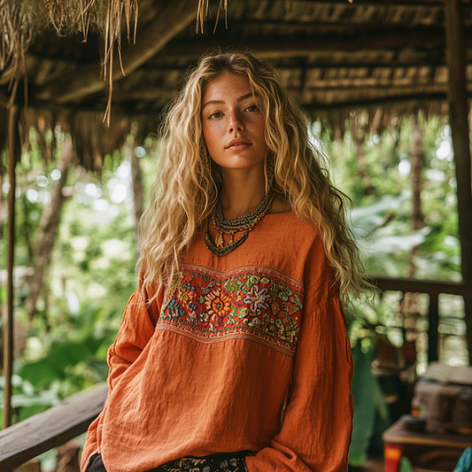 Comstylish Retro Bohemian Art Embroidery Print Cotton And Linen Blend Loose Blouse