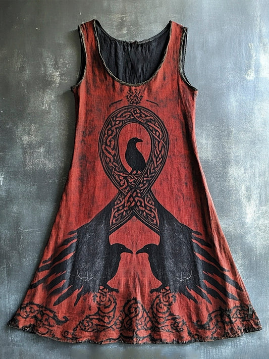 Raven & Celtic Knot Pattern Norse Mythology Art Vintage Linen Vest Dress artswardrobe