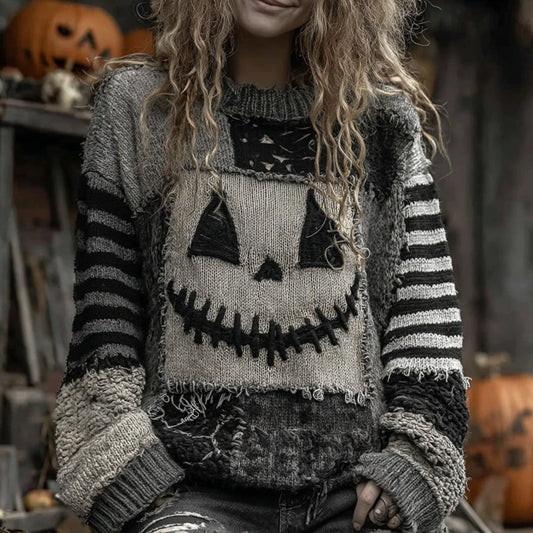 Halloween Face Patchwork Art Cozy Knit Sweater elevenforest