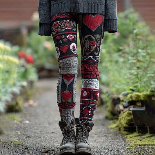 Women's Vintage Heart Patchwork Art Casual Leggings artswardrobe
