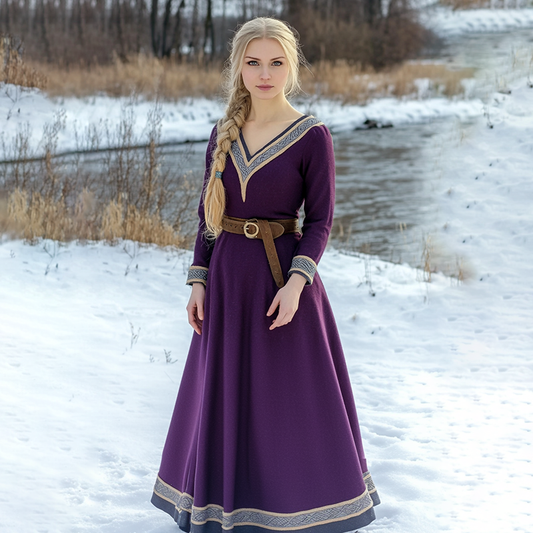 Vintage Viking Celtic Linen V-neck Midi Dress artswardrobe
