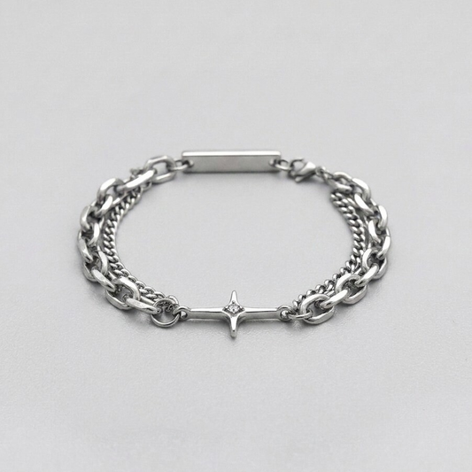 Celestial Star Cross Dual-Chain Silver Bracelet