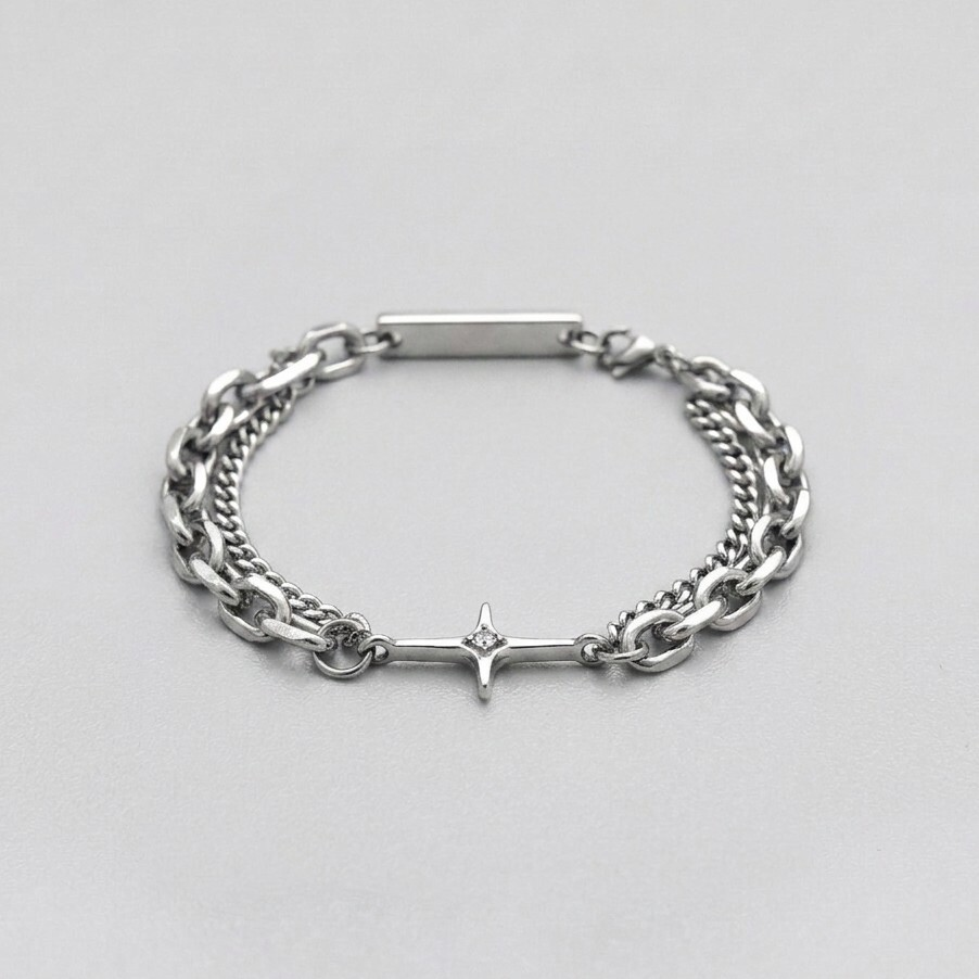 Celestial Star Cross Dual-Chain Silver Bracelet