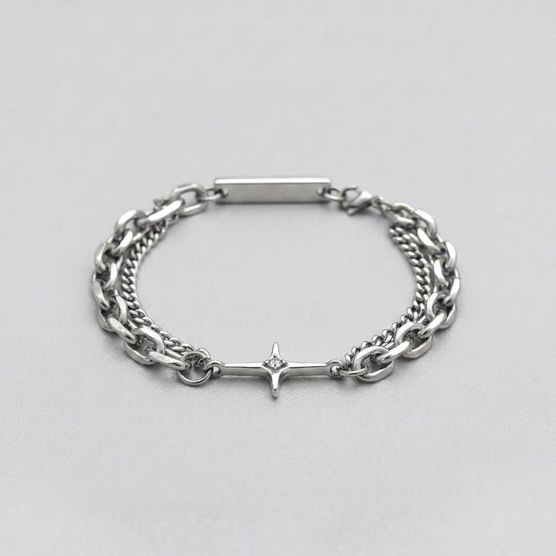 Celestial Star Cross Dual-Chain Silver Bracelet