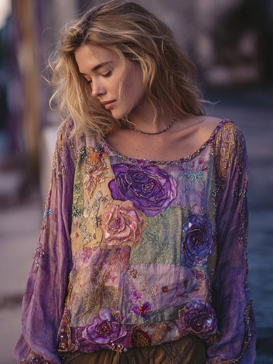 Vintage Purple Flowers Embroidered Patchwork Linen Tunic artswardrobe