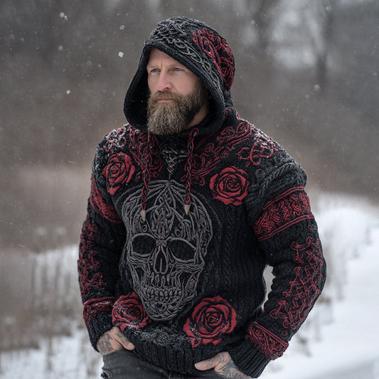 Men's Viking Tribal Jacquard Celtic With Rose And Skull Face Inspired Chunky Knit Hooded Sweater elevenforest