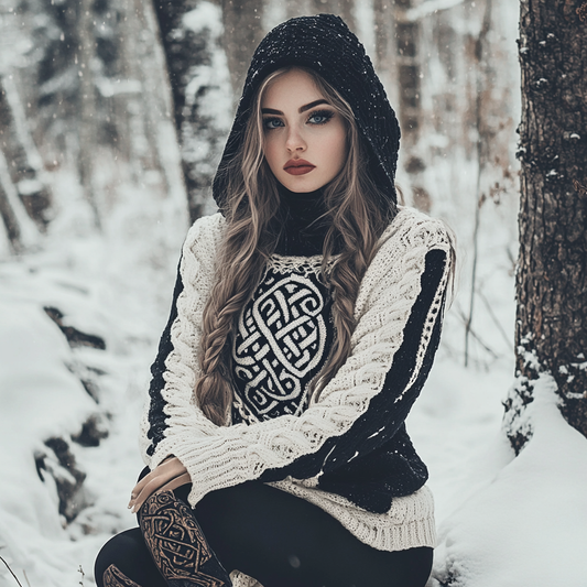 Women's Viking Tribal Jacquard Celtic Chunky Inspired Knit Hooded Sweater elevenforest
