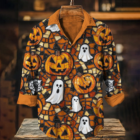 Men's Halloween Ghost Pumpkin Spider Web Vintage Long-sleeved Shirt With Rose Embroidery artswardrobe