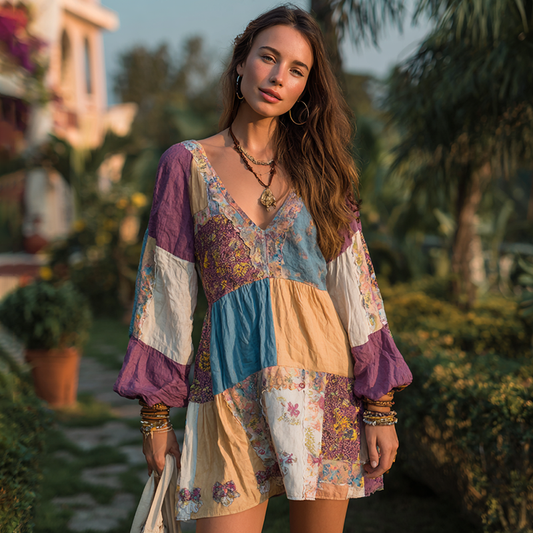 Women's Retro Ethnic Floral Long Sleeve Short Dress