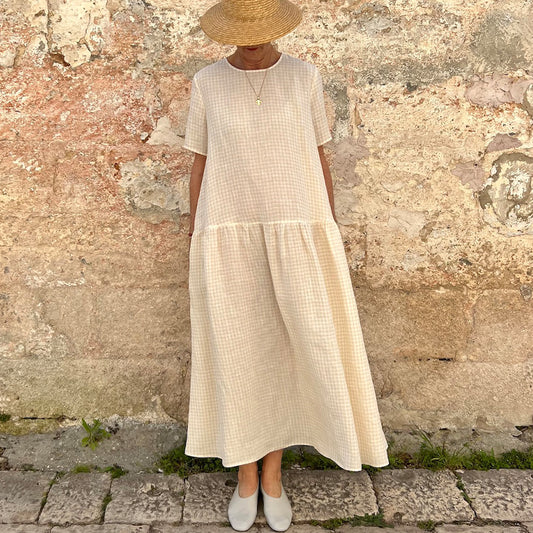 Vintage Plaid Linen Blend Vacation Dress artswardrobe