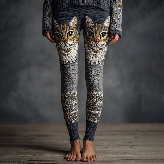 Women's Cute Cat Face Embroidered Art Cozy Knit Leggings elevenforest