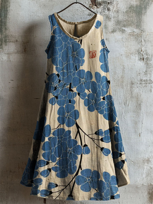 Plum Blossom Japanese Pattern Linen Tank Dress artswardrobe