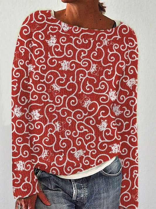 Sleepy Cat Faces and Swirly Scrolls Japanese Art Cotton Cozy Sweater elevenforest