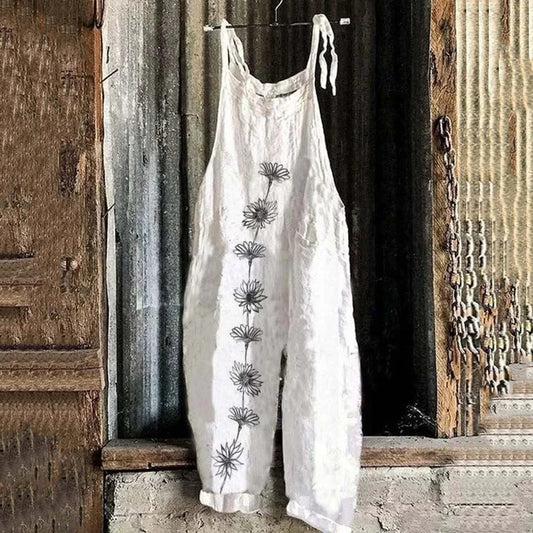 Women's Bohemian Style White Daisy Floral Linen Print Cotton Linen Jumpsuit artswardrobe