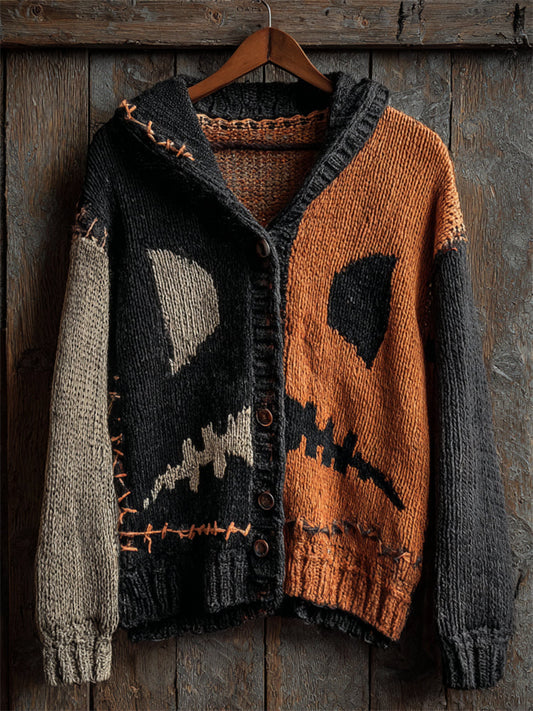 Halloween Spooky Face Contrast Stitched Cozy Knit Hooded Cardigan elevenforest