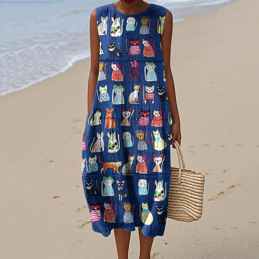 Women's Funny Cat Art Print Linen Tank Midi Dress elevenforest
