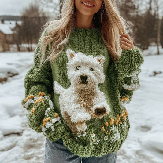 Vintage Lovely Fuzzy Dog West Highland Running On The Grass Cozy Knit Sweater artswardrobe