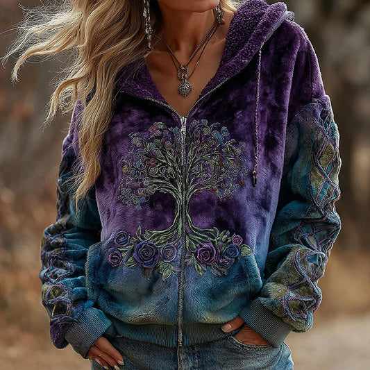 Comstylish Women's Vintage Viking Tree Of Life And Floral Pattern Zippered Plush Hoodie