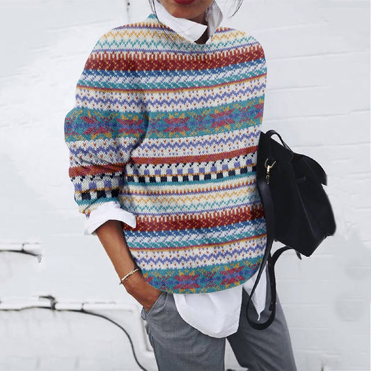 Women's Retro Color Block Striped Pattern Sweater elevenforest