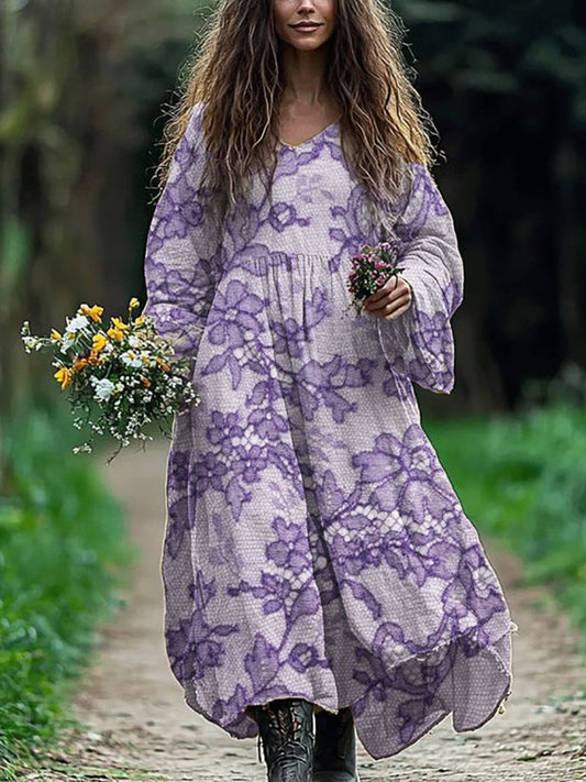 Classy Purple Floral Lace Flowy Linen Maxi Dress artswardrobe