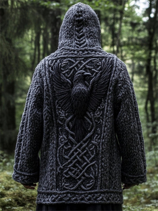 Men's Viking Raven Celtic Jacquard Cozy Chunky Hooded Cardigan elevenforest