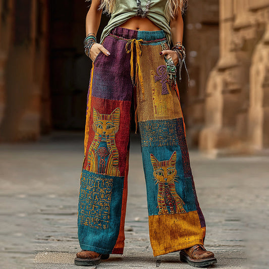 Women's Vintage Ancient Egyptian Cat Art Patchwork Linen Blend Pants elevenforest
