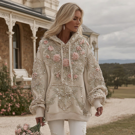 Comstylish Women's Pink Floral Embroidery Art Long Sleeve Casual Hoodie