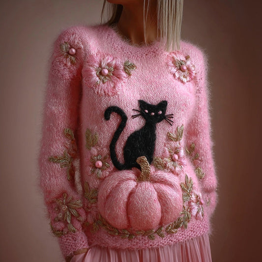 Vintage Black Cat Pumpkin Embroidered Cozy Knit Sweater elevenforest