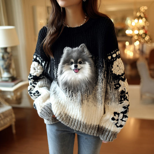 Fluffy Baby Puppy Pomeranian Floral Gradient Cozy Knit Sweater elevenforest