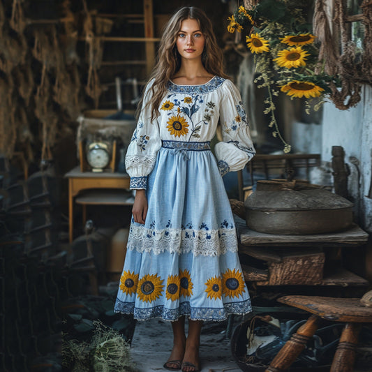 Vintage Sunflower Gradient Lace Art Linen V Neck Midi Dress artswardrobe