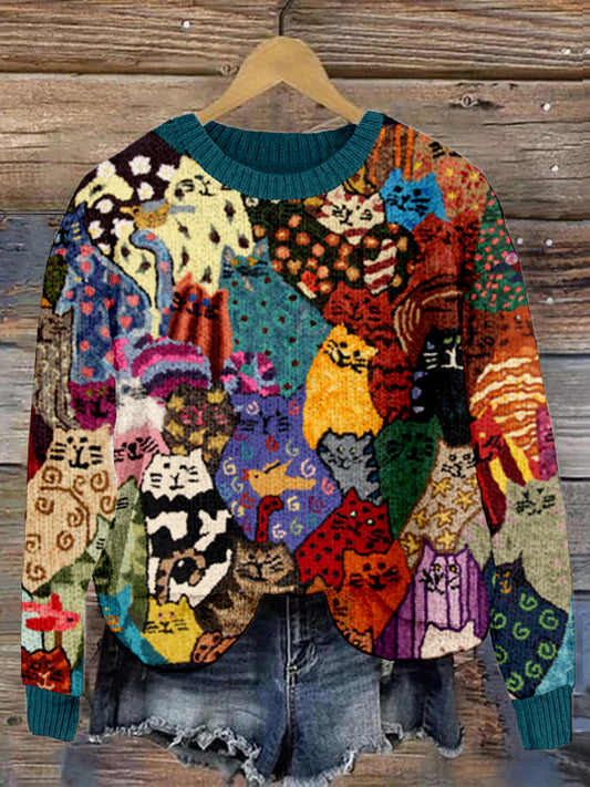 Cute Crowded Cats Art Crew Neck Cozy Sweater elevenforest