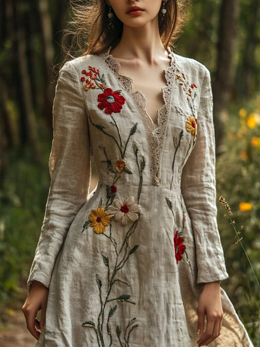 Vintage Forest Floral Embroidery Art Women's Linen Flowy Maxi Dress artswardrobe