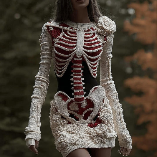 Comstylish Women's Halloween Skeleton Art Flower Embroidery Dress