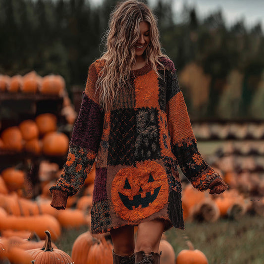 Vintage Halloween Pumpkin Face With Floral Patchwork Art Linen Cozy Knit Sweater Dress elevenforest