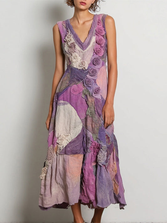 Vintage Purple Roses Embroidered Patchwork Linen Tank Dress artswardrobe