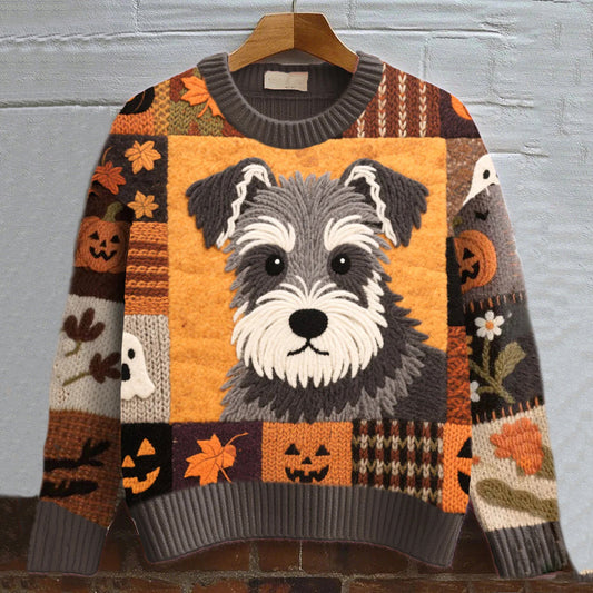 Vintage Miniature Schnauzer Felt Art Inspired Embroidered Cozy Knit Sweater artswardrobe