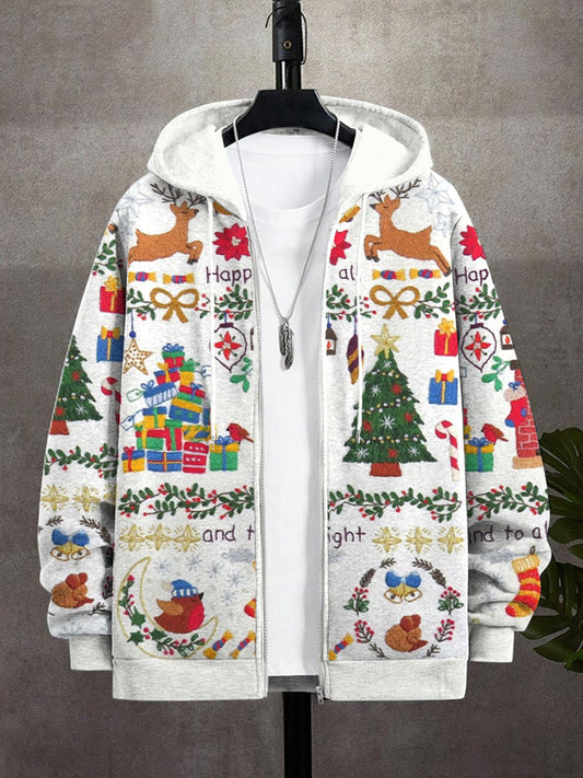 Men's Christmas Embroidery Pattern Cozy Hooded Cardigan artswardrobe