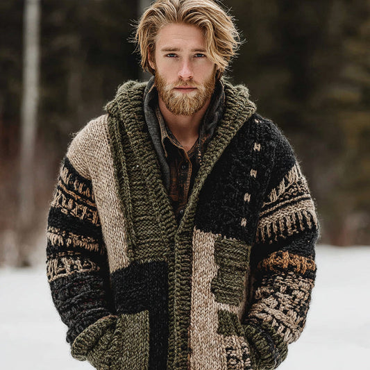 Men's Vintage Geometric Block Art Jacquard Thick Warm Hooded Sweater Cardigan elevenforest