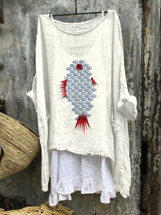 Comstylish Japanese Inspired Fish Art Linen Blend Flowy Tunic